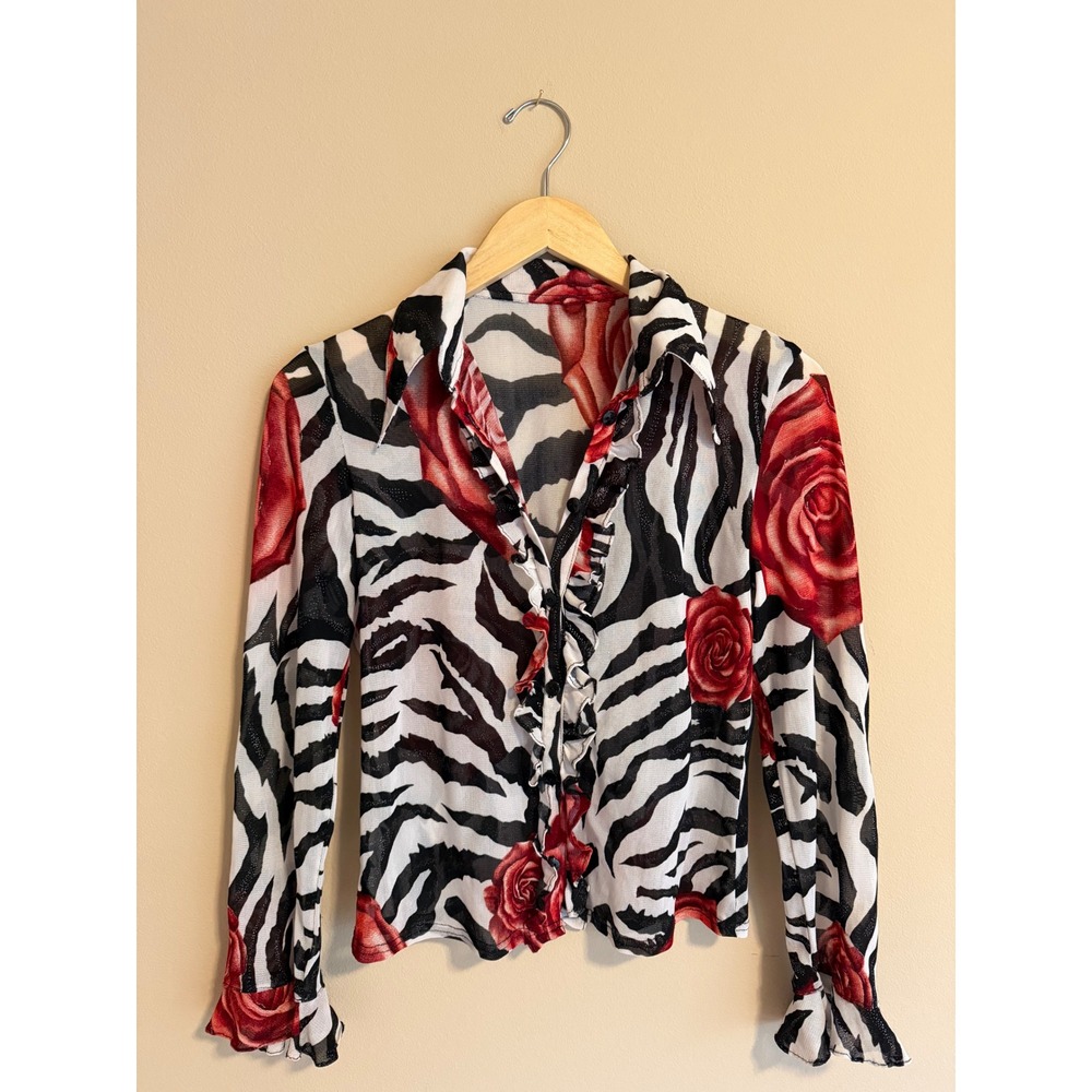 Vintage Zebra Rose Mesh Ruffle Blouse Sheer Red Floral Animal Print Top